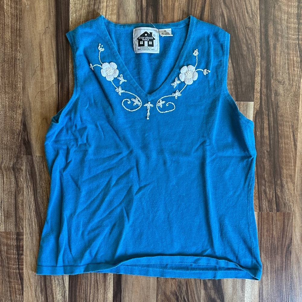 Vintage Embroidered Blue Sleeveless Top
